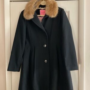 Kate Spade Black Pea Coat with Tan Faux Fur Collar
